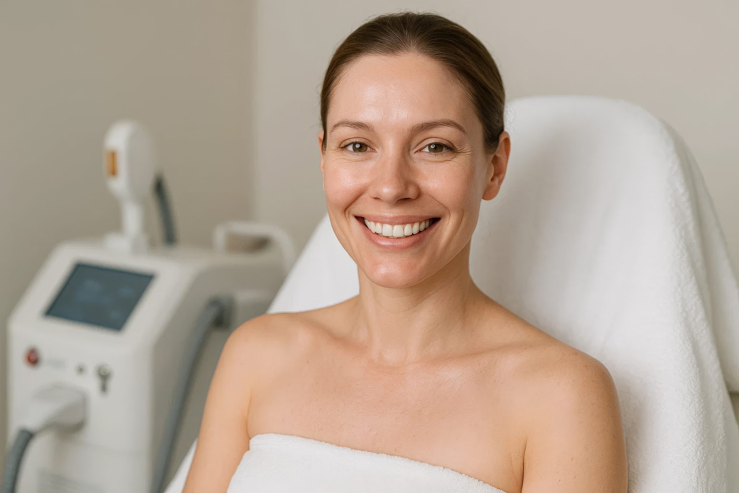Smiling woman sitting in cosmetic clinic after skincare or laser treatment. Natural beauty, clean skin, wearing towel wrap, happy with aesthetic procedure results.